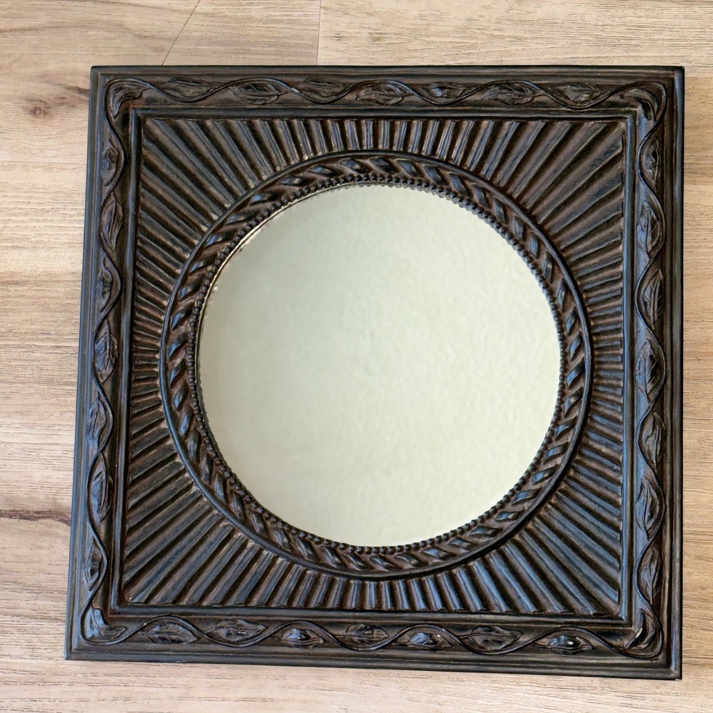 Square Dark Wood Sunburst Wall Mirror Ornate Leaf Vine Frame 14x14 Round Center - Picture 9 of 12